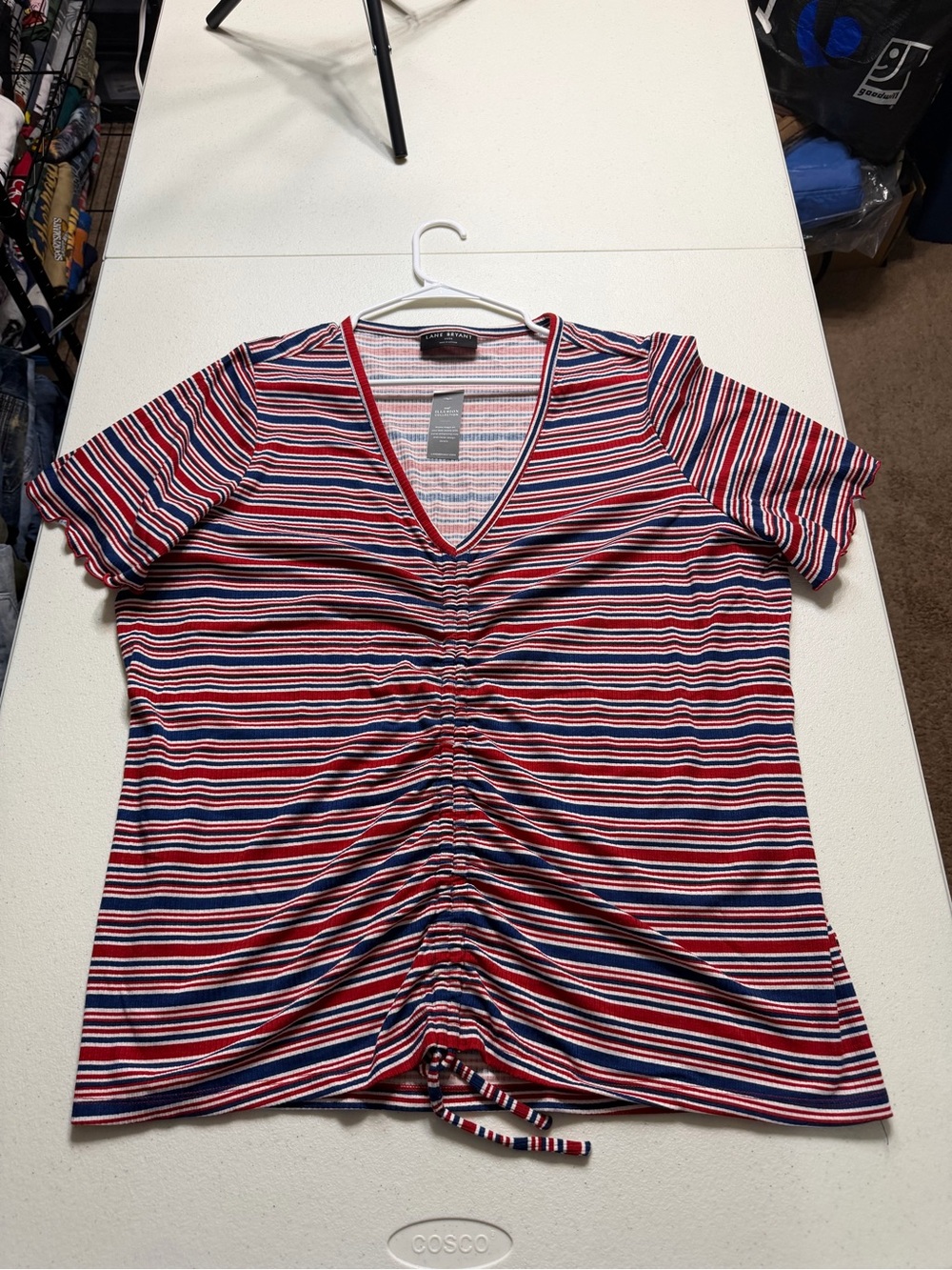 Lane Bryant Women’s Plus Striped Ruched V-Neck Short Sleeve Stretch Knit Tee